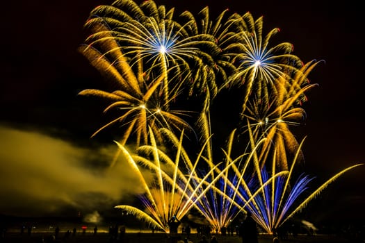 Colorful fireworks of various colors over night sky with spectators