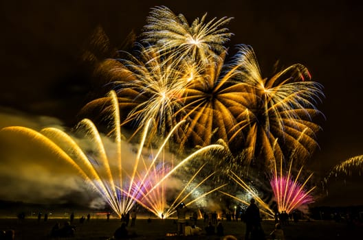 Colorful fireworks of various colors over night sky with spectators