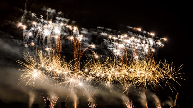 Colorful fireworks of various colors over night sky with spectators