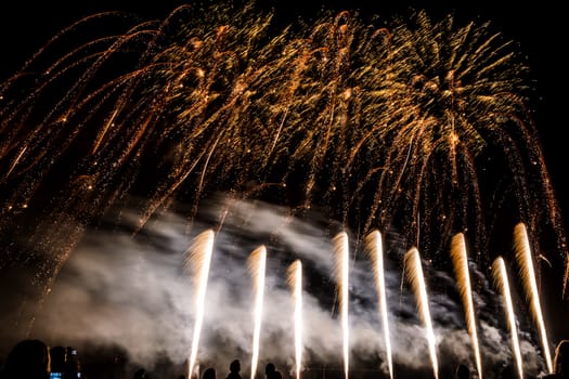 Colorful fireworks of various colors over night sky with spectators