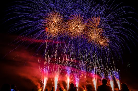 Colorful fireworks of various colors over night sky with spectators