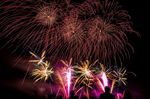 Colorful fireworks of various colors over night sky with spectators