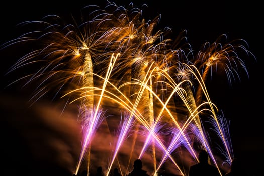 Colorful fireworks of various colors over night sky with spectators