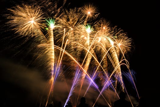 Colorful fireworks of various colors over night sky with spectators