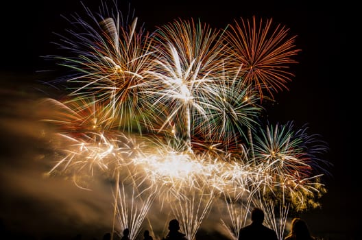 Colorful fireworks of various colors over night sky with spectators