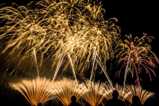 Colorful fireworks of various colors over night sky with spectators