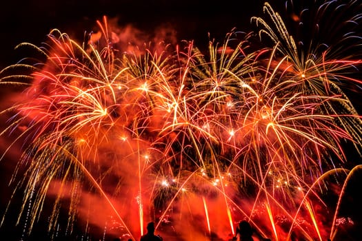 Colorful fireworks of various colors over night sky with spectators