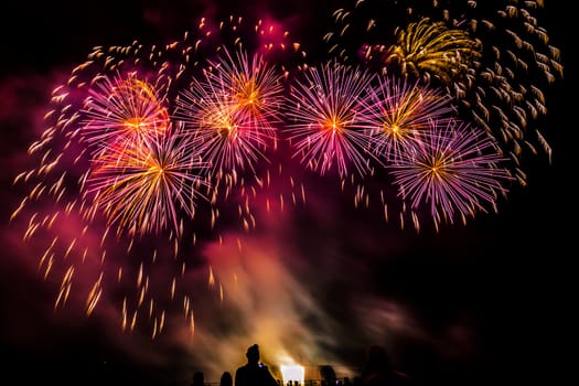 Colorful fireworks of various colors over night sky with spectators