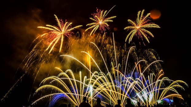 Colorful fireworks of various colors over night sky with spectators