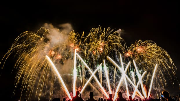 Colorful fireworks of various colors over night sky with spectators