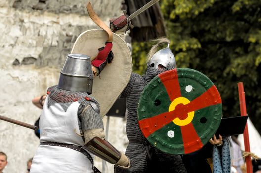 CHORZOW,POLAND, JUNE 9: Fight of medieval knights during a IV Convention of Christian Knighthood on June 9, 2013, in Chorzow