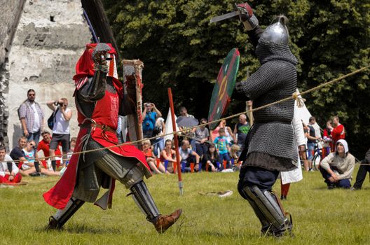 CHORZOW,POLAND, JUNE 9: Fight of medieval knights during a IV Convention of Christian Knighthood on June 9, 2013, in Chorzow