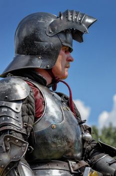 CHORZOW,POLAND, JUNE 9: Medieval knight with rised visor during a IV Convention of Christian Knighthood on June 9, 2013, in Chorzow