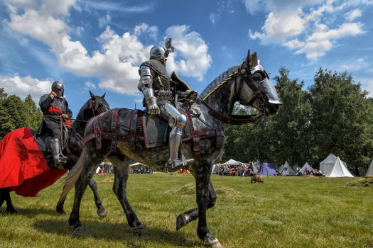 CHORZOW,POLAND, JUNE 9: Medieval knight on horseback during a IV Convention of Christian Knighthood on June 9, 2013, in Chorzow