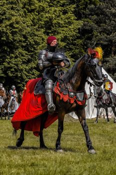 CHORZOW,POLAND, JUNE 9: Medieval knight on horseback during a IV Convention of Christian Knighthood on June 9, 2013, in Chorzow