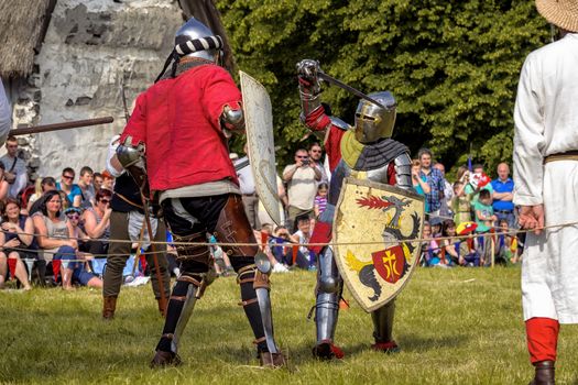 Fight of medieval knights during a IV Convention of Christian Knighthood on June 9, 2013, in Chorzow, Poland