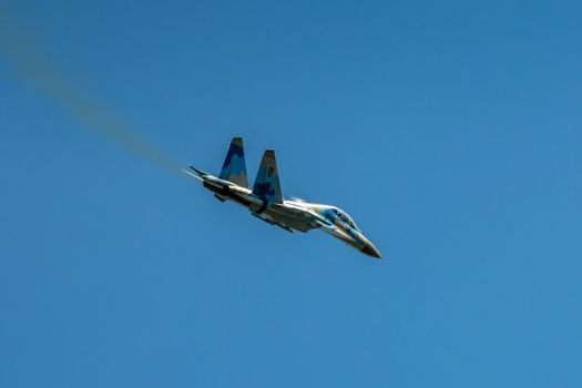 RADOM, POLAND - AUGUST 25: Ukrainian SU-27 display during Air Show 2013 event on August 25, 2013 in Radom, Poland