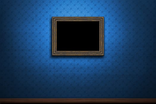 Old wooden frame on blue retro grunge wall