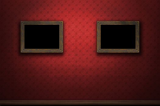 Old wooden frames on red retro grunge wall