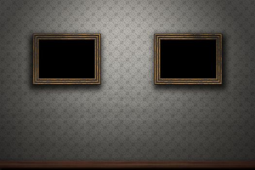 Old wooden frames on retro grunge wall