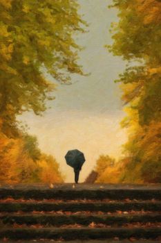 Digital painting of lonely man with umbrella walking in autumn park