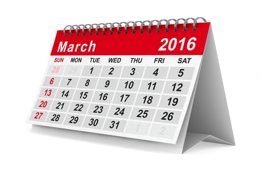 2016 year calendar. March. Isolated 3D image