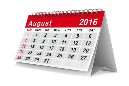 2016 year calendar. August. Isolated 3D image