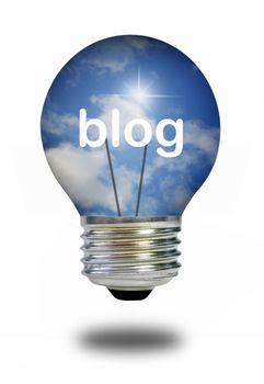 Light bulb with sky background and blog text in the centre
