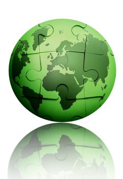 Green jigsaw puzzle globe over a white background