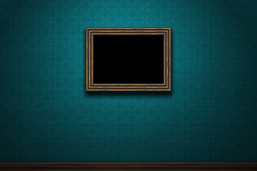 Old wooden frame on blue retro grunge wall