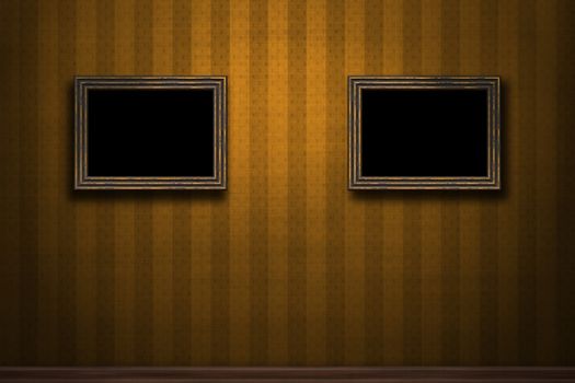 Old wooden frames on retro grunge wall
