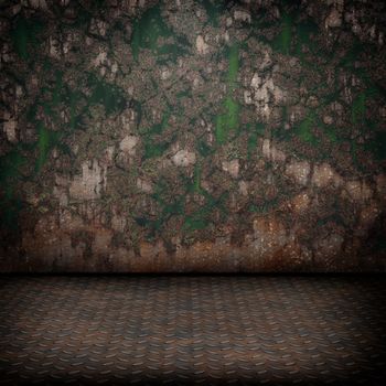 Grunge industrial interior with metal floor and old damaged wall
