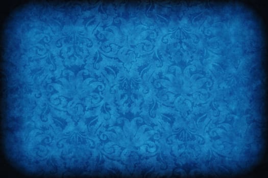 Blue dark wall with old floral pattern background or texture