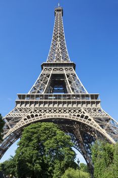 Eiffel Tower in blue sky, Paris, France.