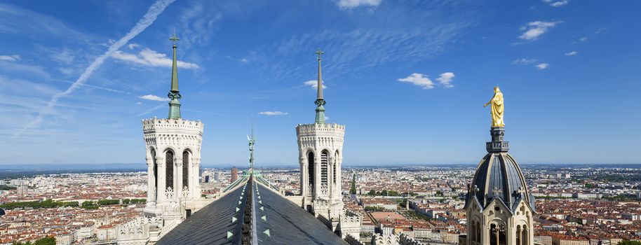 Panoramic view of Lyon from the top of Notre Dame de Fourviere, Lyon, France.