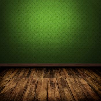 Dark vintage green room interior with wooden floor