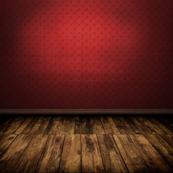 Dark vintage red room interior with wooden floor