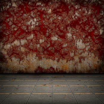 Grunge industrial interior with metal floor and old damaged wall