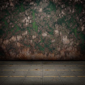 Grunge industrial interior with metal floor and old damaged wall