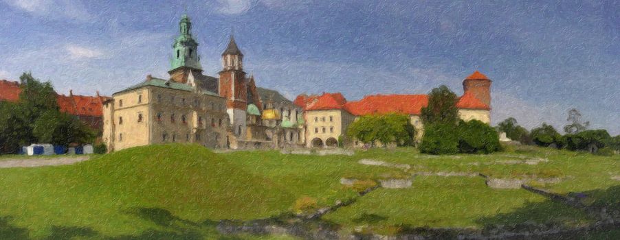 The Wawel Royal Castle in Cracow, Poland. Digitally created impasto painting on a canvas.