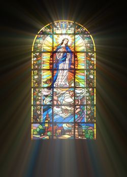 Biblical stained glass with rays of light shining through