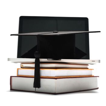 graduation cap and book with laptop isolated on white background