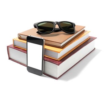 sunglasses smartphone and stack of book isolated on white background