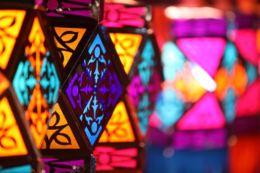 Beautiful colorful traditional lanterns for sale in a shop on occasion of Diwali / Christmas festival in India