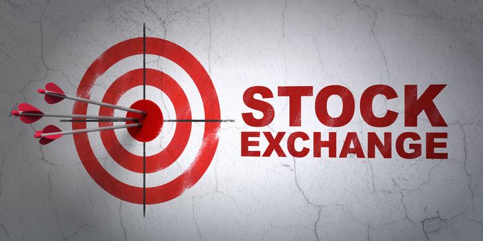 Success business concept: arrows hitting the center of target, Red Stock Exchange on wall background