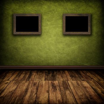 Dark vintage room with wooden floor and old frames on the wall