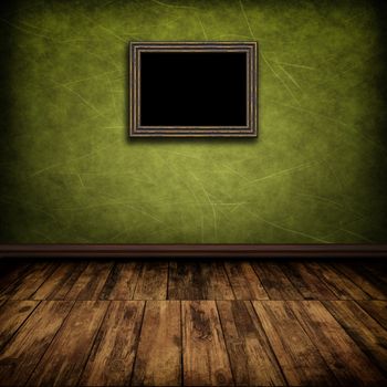 Dark vintage room with wooden floor and old frame on the wall