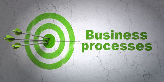 Success finance concept: arrows hitting the center of target, Green Business Processes on wall background