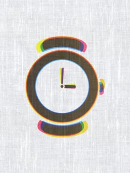 Time concept: CMYK Hand Watch on linen fabric texture background