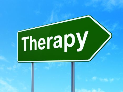 Medicine concept: Therapy on green road highway sign, clear blue sky background, 3d render